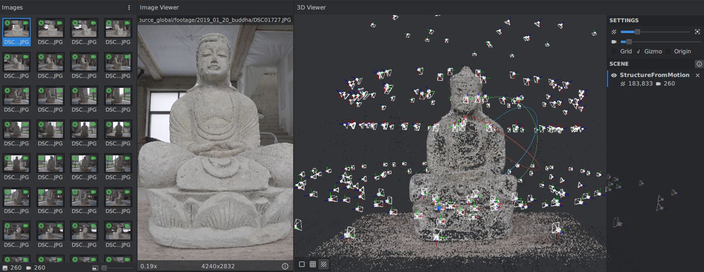 Meshroom showing the image gallery, a source image and the solved cameras around a sparse point cloud