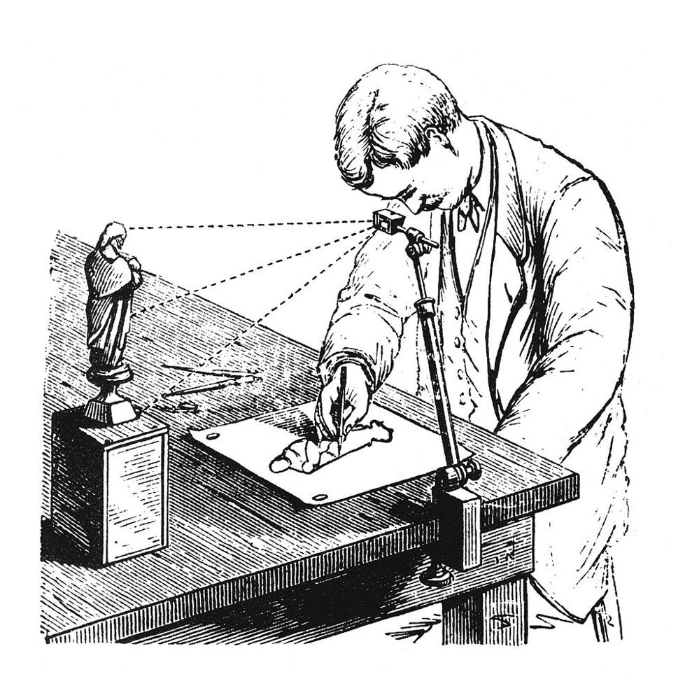Engraving of a man tracing a statuette through a camera lucida