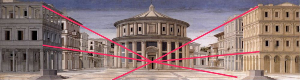 Renaissance painting of an ideal city with red perspective lines converging on the vanishing point