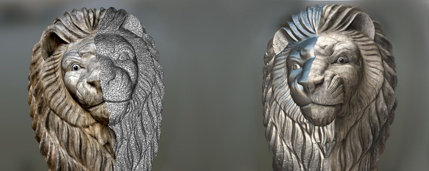 Two renders of a reconstructed carved lion head