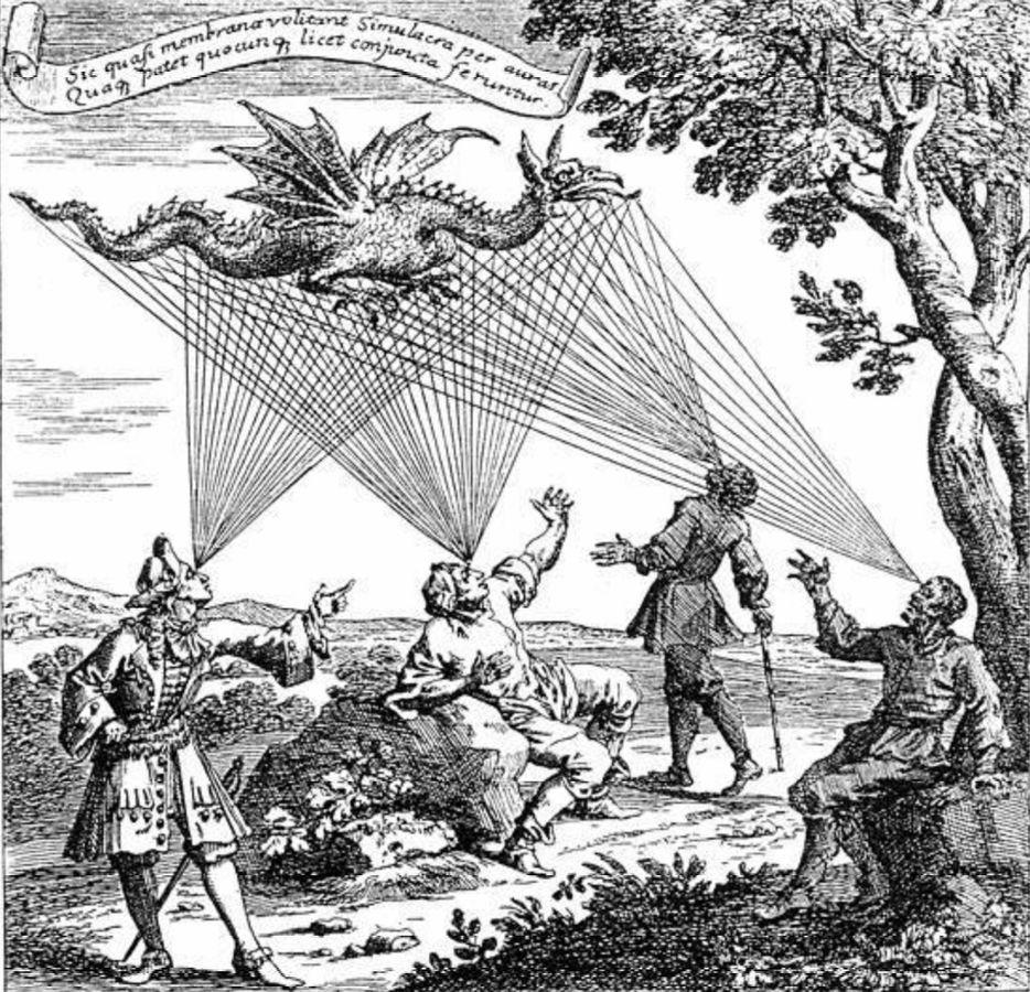 Engraving of figures watching light rays projected from the sky